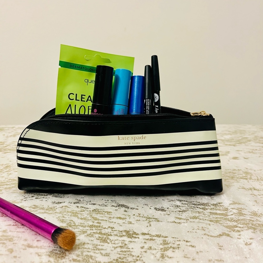 kate spade Black and White Striped Makeup Pouch with Gold Zip - Picture 3 of 5
